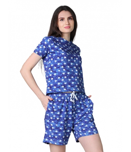 Women's Cotton Blended Printed Round Neck Half Sleeve Top - Shorts Set (Blue)