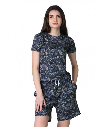 Women's Cotton Blended Printed Round Neck Half Sleeve Top - Shorts Set (Navy)