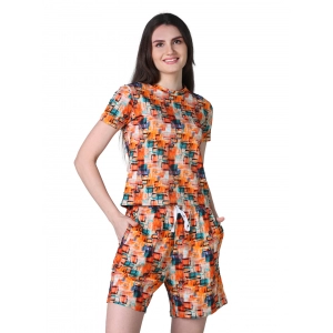 Generic Women's Cotton Blended Printed Round Neck Half Sleeve Top - Shorts Set (Orange)
