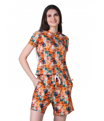 Women's Cotton Blended Printed Round Neck Half Sleeve Top - Shorts Set (Orange)