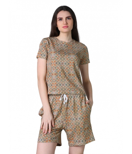 Women's Cotton Blended Printed Round Neck Half Sleeve Top - Shorts Set (Beige)