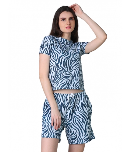 Women's Cotton Blended Printed Round Neck Half Sleeve Top - Shorts Set (Blue)