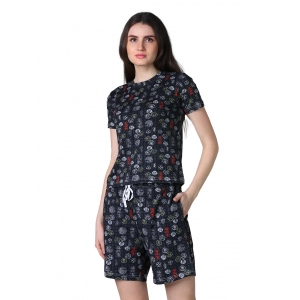 Generic Women's Cotton Blended Printed Round Neck Half Sleeve Top - Shorts Set (Black)