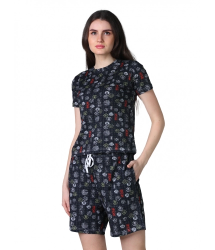 Women's Cotton Blended Printed Round Neck Half Sleeve Top - Shorts Set (Black)
