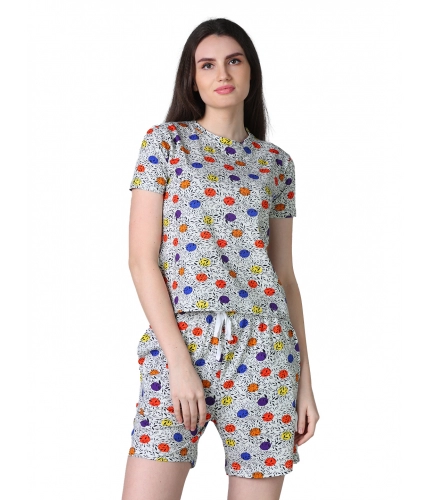 Women's Cotton Blended Printed Round Neck Half Sleeve Top - Shorts Set (Grey)