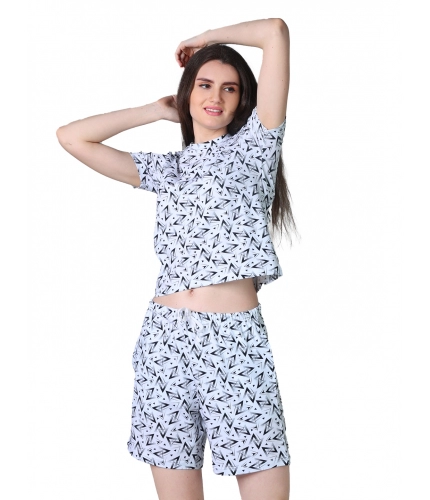 Women's Cotton Blended Printed Round Neck Half Sleeve Top - Shorts Set (White-Black)