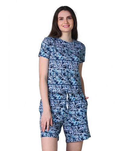 Women's Cotton Blended Printed Round Neck Half Sleeve Top - Shorts Set (White-Blue)