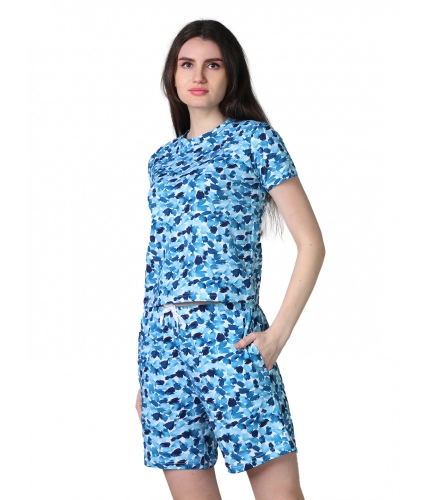 Women's Cotton Blended Printed Round Neck Half Sleeve Top - Shorts Set (SkyBlue)