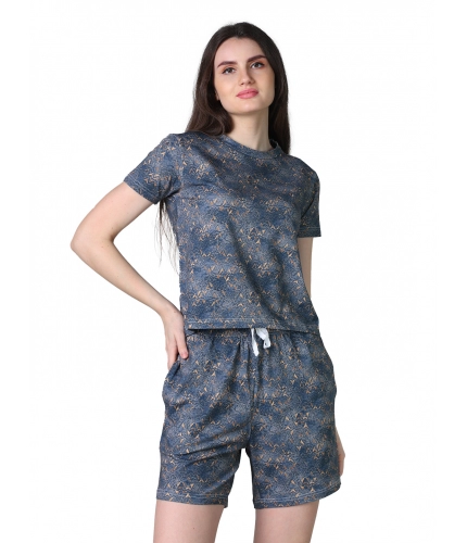 Women's Cotton Blended Printed Round Neck Half Sleeve Top - Shorts Set (Blue)