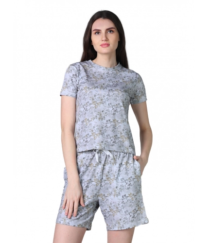 Women's Cotton Blended Printed Round Neck Half Sleeve Top - Shorts Set (Grey)