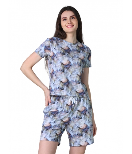 Women's Cotton Blended Printed Round Neck Half Sleeve Top - Shorts Set (Blue-Peach)