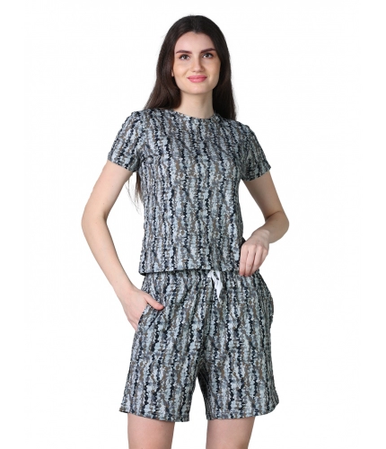 Women's Cotton Blended Printed Round Neck Half Sleeve Top - Shorts Set (Multicolor)