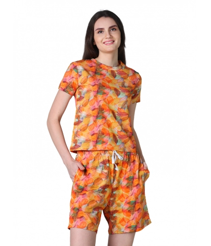 Women's Cotton Blended Printed Round Neck Half Sleeve Top - Shorts Set (Yellow)
