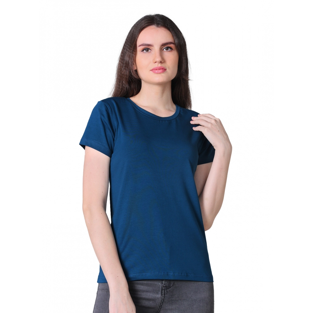 Generic Women's Cotton Blended Solid U-Neck Half Sleeve T-Shirt (Blue)