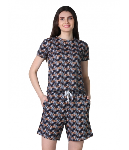 Women's Cotton Blended Printed Round Neck Half Sleeve Top - Shorts Set (Blue-Brown)