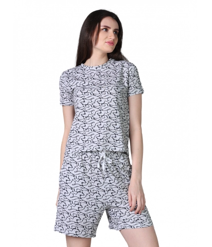 Women's Cotton Blended Printed Round Neck Half Sleeve Top - Shorts Set (Off_White)
