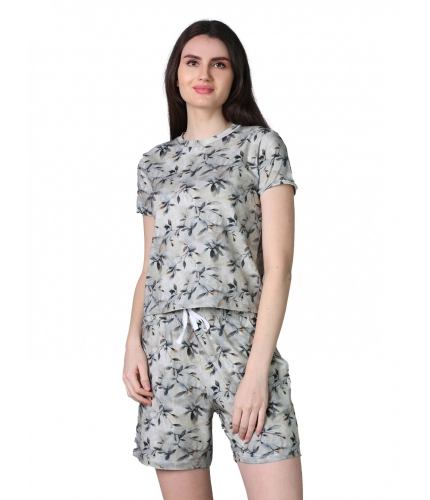 Women's Cotton Blended Printed Round Neck Half Sleeve Top - Shorts Set (Grey)