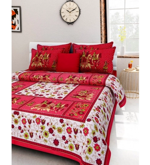 Cotton Printed Queen Size Bedsheet With 2 Pillow Covers (Red, 90x100 Inch)