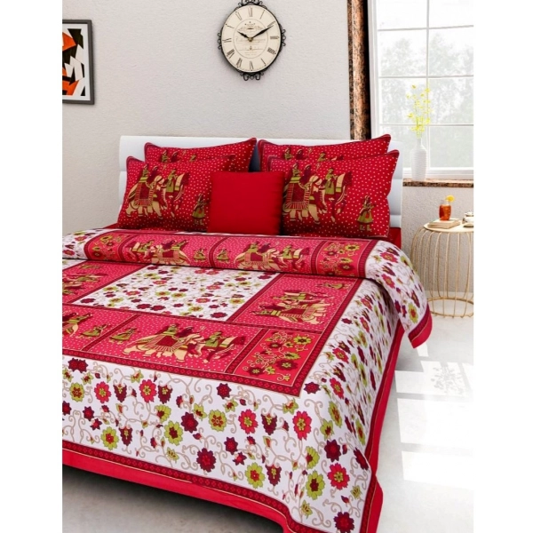 Dropship Cotton Printed Queen Size Bedsheet With 2 Pillow Covers (Red, 90x100 Inch)