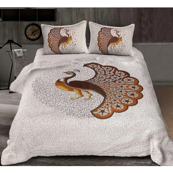 Dropship Cotton Printed Queen Size Bedsheet With 2 Pillow Covers (White, 90x100 Inch)