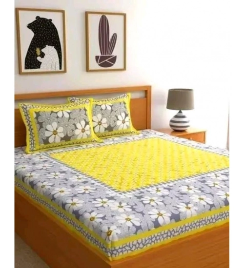 Cotton Printed Queen Size Bedsheet With 2 Pillow Covers (Yellow, 90x100 Inch)