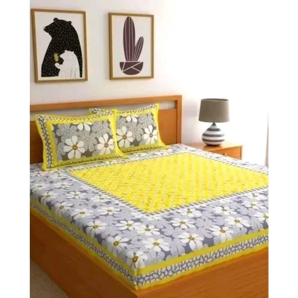 Dropship Cotton Printed Queen Size Bedsheet With 2 Pillow Covers (Yellow, 90x100 Inch)