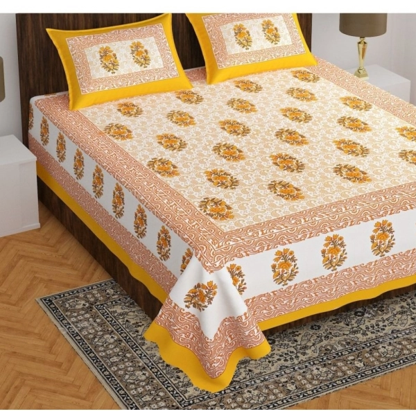 Dropship Cotton Printed Queen Size Bedsheet With 2 Pillow Covers (Yellow, 90x100 Inch)