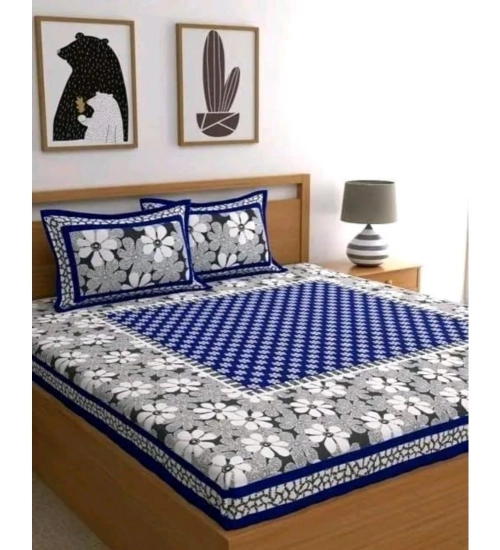 Cotton Printed Queen Size Bedsheet With 2 Pillow Covers (Blue, 90x100 Inch)