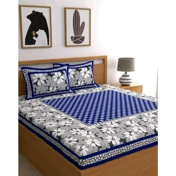 Dropship Cotton Printed Queen Size Bedsheet With 2 Pillow Covers (Blue, 90x100 Inch)