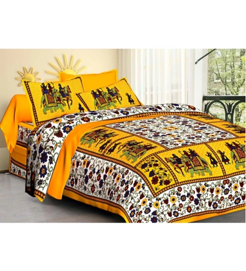 Cotton Printed Queen Size Bedsheet With 2 Pillow Covers (Yellow, 90x100 Inch)