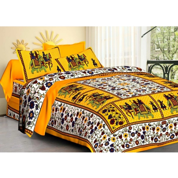 Dropship Cotton Printed Queen Size Bedsheet With 2 Pillow Covers (Yellow, 90x100 Inch)