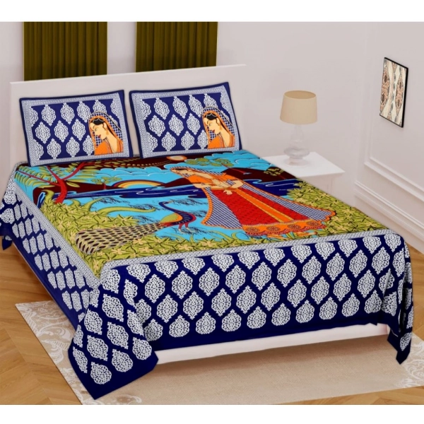 Dropship Cotton Printed Queen Size Bedsheet With 2 Pillow Covers (Blue, 90x100 Inch)