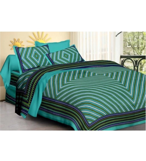 Cotton Printed Queen Size Bedsheet With 2 Pillow Covers (Green, 90x100 Inch)
