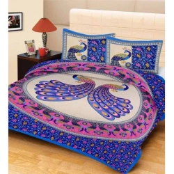 Cotton Printed Queen Size Bedsheet With 2 Pillow Covers (Blue, 90x100 Inch)