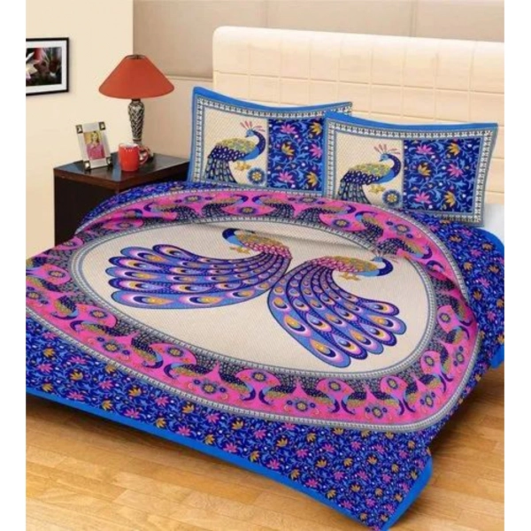 Dropship Cotton Printed Queen Size Bedsheet With 2 Pillow Covers (Blue, 90x100 Inch)