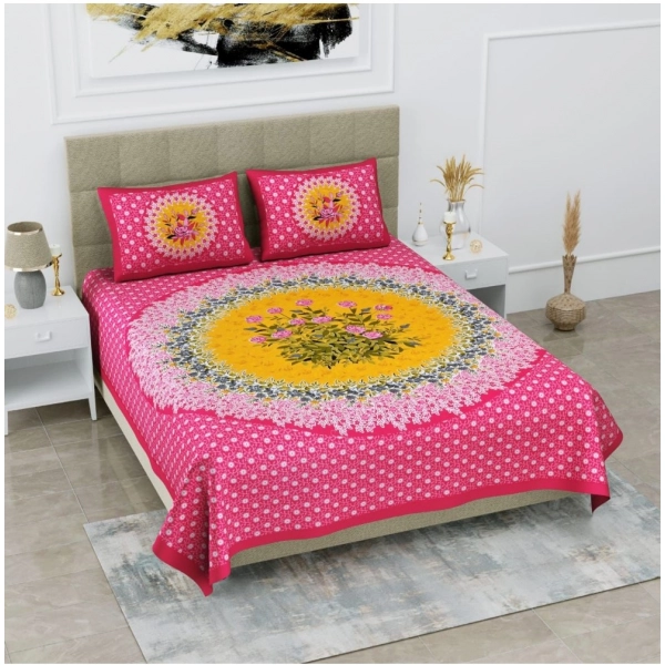 Dropship Cotton Printed Queen Size Bedsheet With 2 Pillow Covers (Pink, 90x100 Inch)