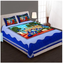Cotton Printed Queen Size Bedsheet With 2 Pillow Covers (Blue, 90x100 Inch)