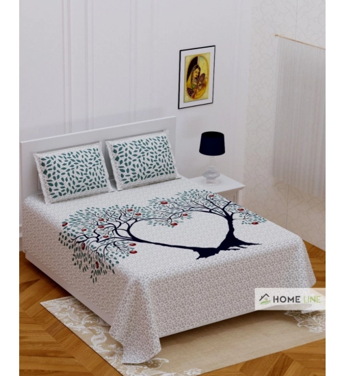 Cotton Printed Queen Size Bedsheet With 2 Pillow Covers (White, 90x100 Inch)