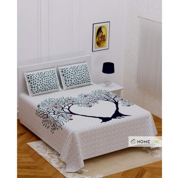 Dropship Cotton Printed Queen Size Bedsheet With 2 Pillow Covers (White, 90x100 Inch)