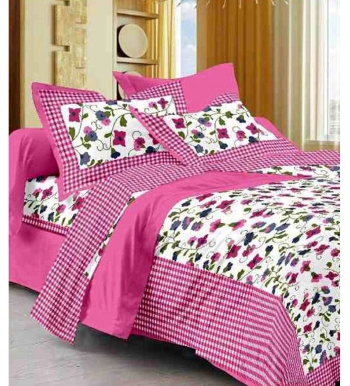 Cotton Printed Queen Size Bedsheet With 2 Pillow Covers (Pink, 90x100 Inch)