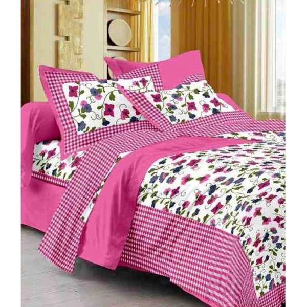 Dropship Cotton Printed Queen Size Bedsheet With 2 Pillow Covers (Pink, 90x100 Inch)