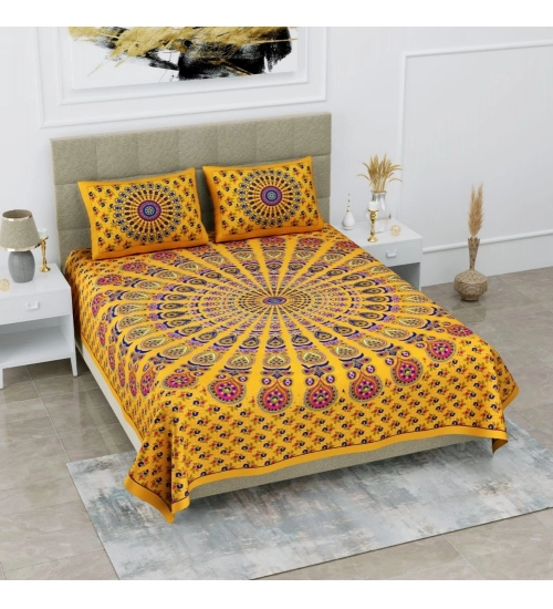 Cotton Printed Queen Size Bedsheet With 2 Pillow Covers (Yellow, 90x100 Inch)
