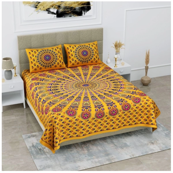 Dropship Cotton Printed Queen Size Bedsheet With 2 Pillow Covers (Yellow, 90x100 Inch)