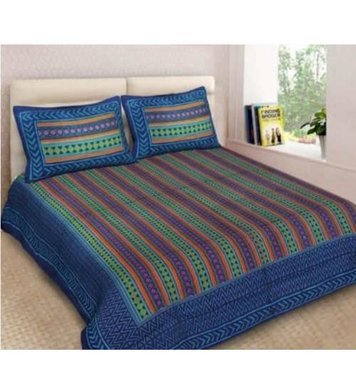 Cotton Printed Queen Size Bedsheet With 2 Pillow Covers (Blue, 90x100 Inch)