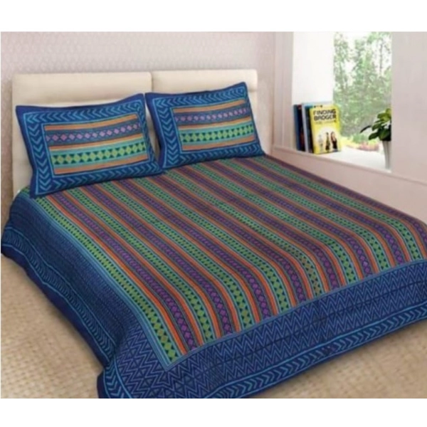 Dropship Cotton Printed Queen Size Bedsheet With 2 Pillow Covers (Blue, 90x100 Inch)