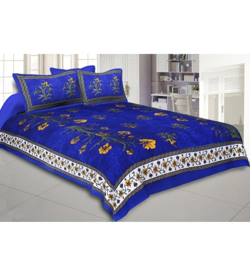 Cotton Printed Queen Size Bedsheet With 2 Pillow Covers (Blue, 90x100 Inch)