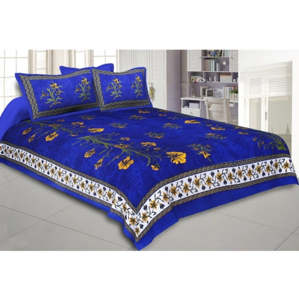 Dropship Cotton Printed Queen Size Bedsheet With 2 Pillow Covers (Blue, 90x100 Inch)