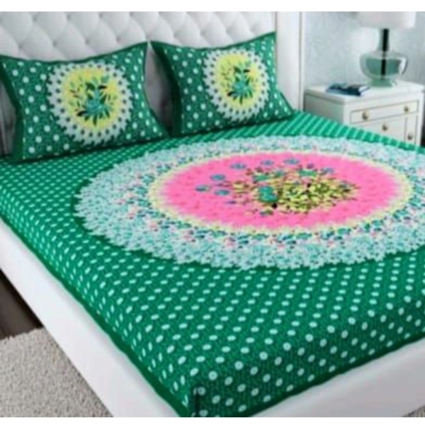 Dropship Cotton Printed Queen Size Bedsheet With 2 Pillow Covers (Green, 90x100 Inch)