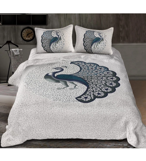 Cotton Printed Queen Size Bedsheet With 2 Pillow Covers (White, 90x100 Inch)