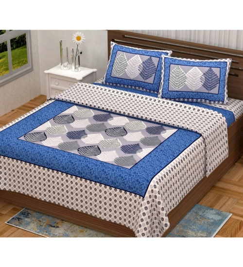 Cotton Printed Queen Size Bedsheet With 2 Pillow Covers (Blue, 90x100 Inch)